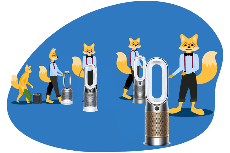 Der Dyson HP09 ist im optischen Vergleich zum Dyson HP7a, Dyson HP04, Dyson HP00 und einem altmodischen NoName Heizlüfter.